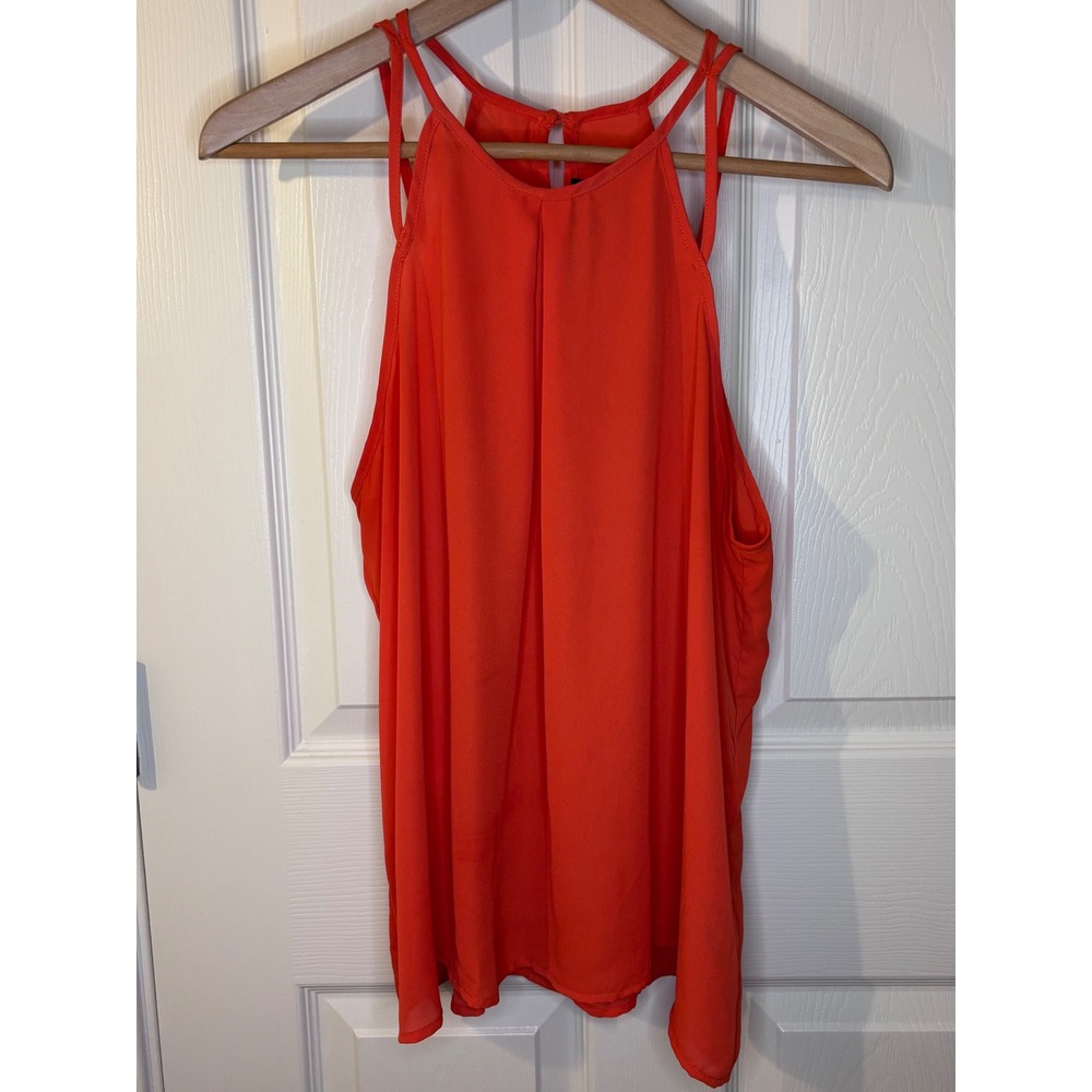 Orange Red Halter Neck Sleeveless Keyhole Back Flowy Tank Top L Boho Festival